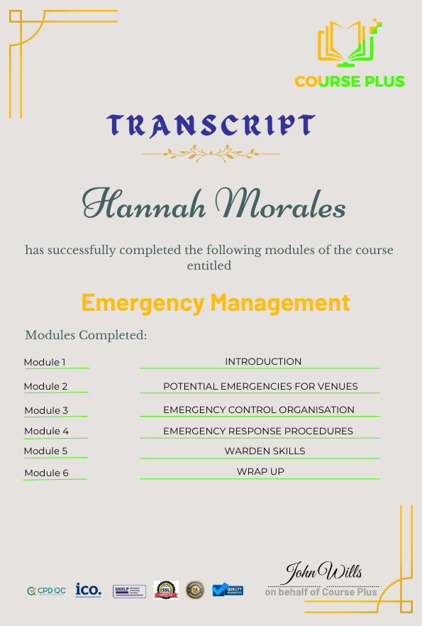 Course Plus transcript showcasing course completion details and CPD accreditation