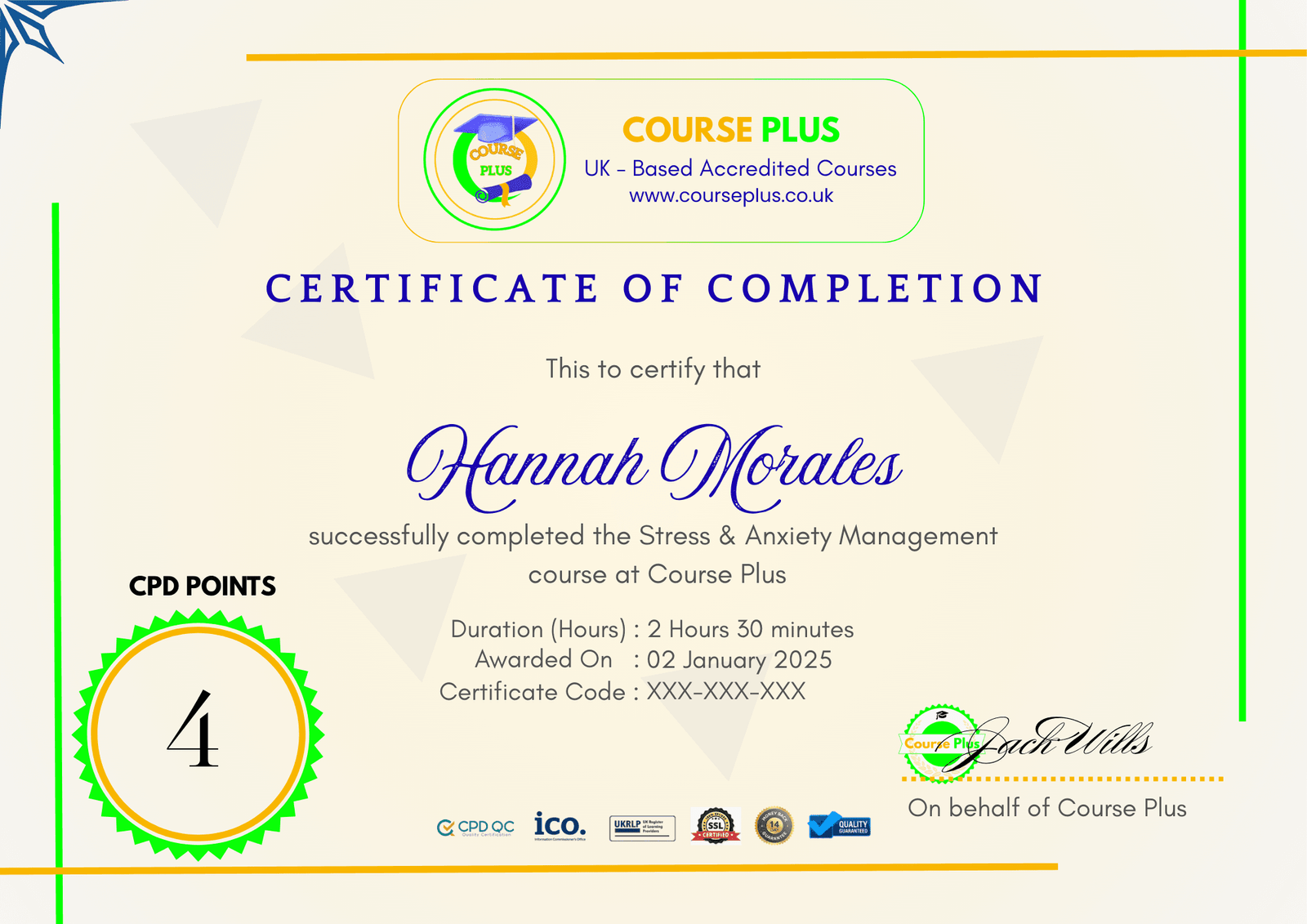 Course Plus certificate showcasing CPD QC accreditation, representing achievement in professional development and skill enhancement