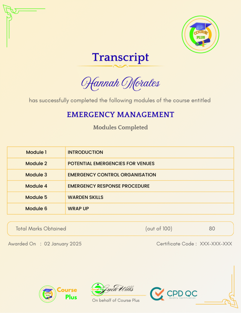 Course Plus transcript showcasing course completion details and CPD accreditation