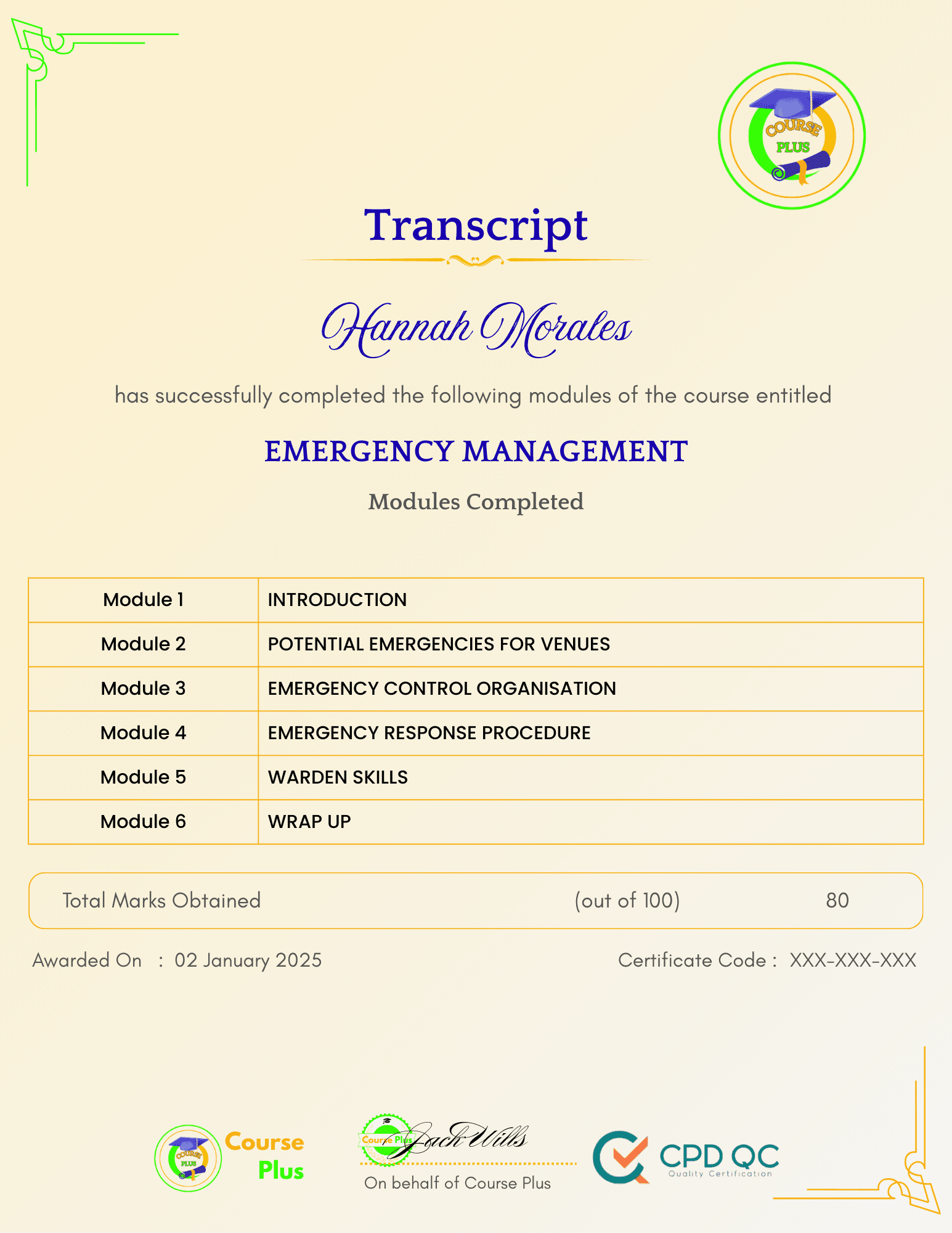 Course Plus transcript showcasing course completion details and CPD accreditation