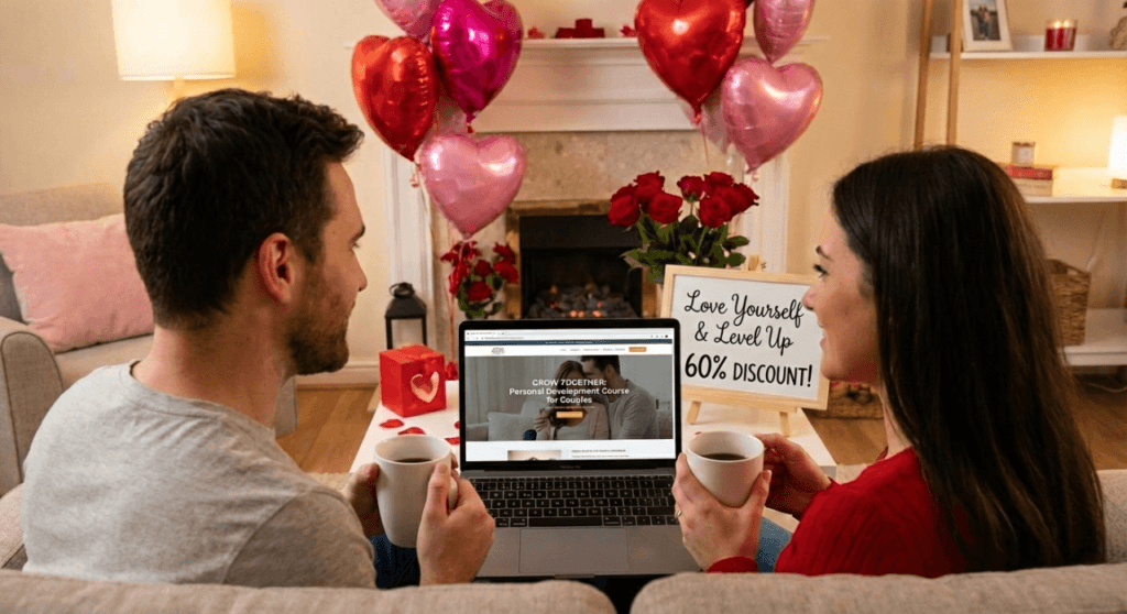 Valentine's Day personal development course promotion featuring a couple in a cozy living room with heart balloons and a sign for the 'Love Yourself & Level Up' campaign with a 60% discount.